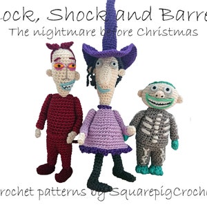 Pode incluir: Bonecas amigurumi de crochê de Lock, Shock e Barrel do filme "O Estranho Mundo de Jack". As bonecas estão vestidas com suas roupas características: Lock em vermelho, Shock em roxo e Barrel em cinza com um padrão de esqueleto.