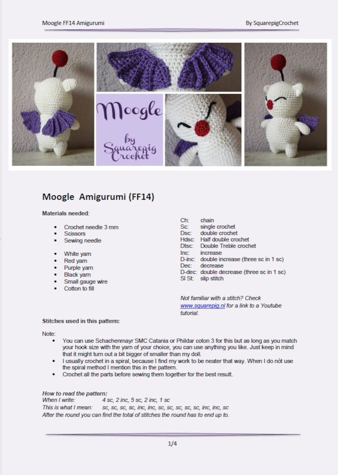 Moogle Repeating Pattern Moogle Crochet Pattern. This Cute Moogle From FF14 is Not Hard - Etsy