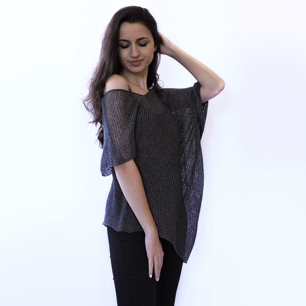 Mesh Knit Sweater, Loose Knit Tunic Top, Black Asymmetrical Top, See Through Blouse, Oversized Sweater, Off Shoulder Sweater,Summer Knitwear