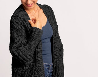 Black chunky knit wool cardigan in plus size, more colours available