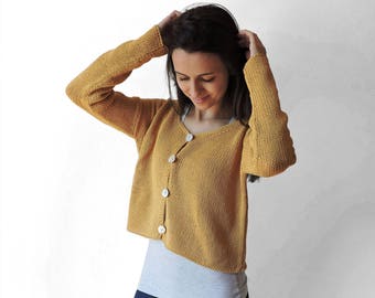 Mustard Yellow Sweater, Women Crop Cardigan, Hand Knit Sweater, Summer Cotton Cardigan, Buttons Sweater, Boho Knit Sweaters, Cozy Cardigan