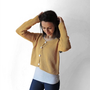 Mustard Yellow Sweater, Women Crop Cardigan, Hand Knit Sweater, Summer Cotton Cardigan, Buttons Sweater, Boho Knit Sweaters, Cozy Cardigan image 1