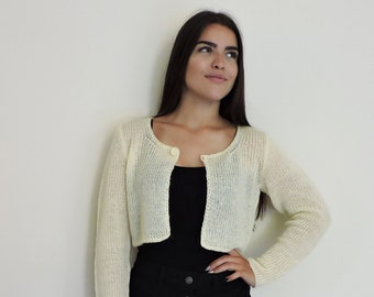 Bridal Knit Bolero, Ivory Wedding Shrug, Cropped Knit Cardigan, Chunky Knit Cardigan, Bridal Knit Cover Up, Long Sleeves,Bridesmaid Cover Up