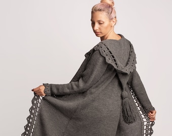 Extra Long Knit Cardigan, Women Hooded Cardigan, Maxi Duster
