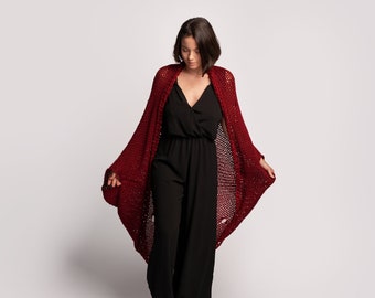 Loose knit burgundy merino wool cardigan in plus size available in more colors