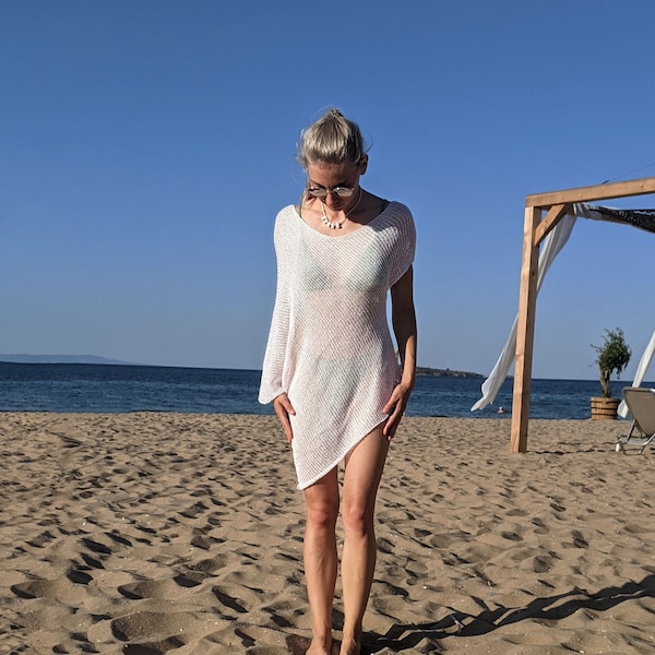 Beach Dress, Mesh Knit Sweater, Loose Knit Tunic Top, White Asymmetrical Top, See Through Blouse, Oversized Off Shoulder Summer Knitwear