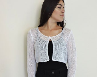 Wedding Knit Bolero, Bridal Knit Shrug, Wedding Knit Jacket, White Crop Top, Short Cardigan Sweater, 90s Cropped Cardigan, Y2K Knitwear Top