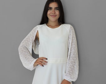 White Wedding Bolero, Lace Knitted Bolero Top, Bridal Short Cardigan, Long Sleeve Shrug, Bridesmaid Cover Up, Plus Size Cardigan,Fall Winter