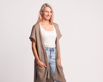 Chunky Knit Cardigan, Long Knit Vest, Cotton Knit Cardigan, Short Sleeve Cardigan, Loose Knit Vest, Boho Knitwear, Side Pockets, Loungewear