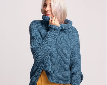 Lockerer Strickpullover, Rollkragen Strickpullover, Wolle Strickpullover, Plus Size Strick, Übergroßer Pullover, Asymmetrische Bluse