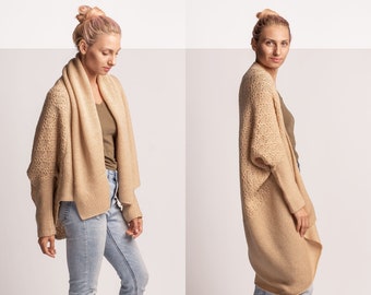 Cárdigan de punto reversible, chaqueta de punto bohemia, cárdigan de talla grande, prenda de punto escandinava, abrigo de punto largo, cárdigan de punto holgado, cárdigan extragrande.