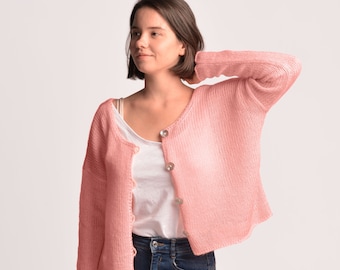 Reversible 2-in-1 mohair open back sweater and short cardigan with buttons in plus size