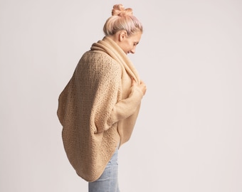 Wool Cocoon Cardigan, Plus Size Hand Knit, Chunky Knit Sweaters, Balloon Sleeves, Women Camel Sweater, Open Front Cardigan, Slouchy Cardigan