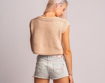 Cotton Crop Top, Hand Knit Short Top, Ivory Cotton Top, Sleeveless Sweater, Summer Knitwear, Chunky Knit Blouse, Cozy Knit Top, Boho Top