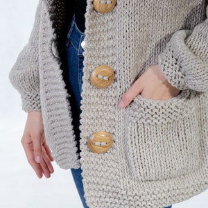 Wool Knitted Cardigan, Chunky Hooded Cardigan, Warm Winter Cardigan With Pockets, Plus Size Clothing, Cozy Knitted Cardigan, Wooden Buttons image 3