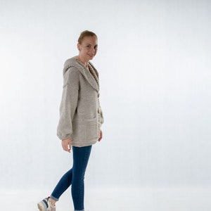 Wool Knitted Cardigan, Chunky Hooded Cardigan, Warm Winter Cardigan With Pockets, Plus Size Clothing, Cozy Knitted Cardigan, Wooden Buttons