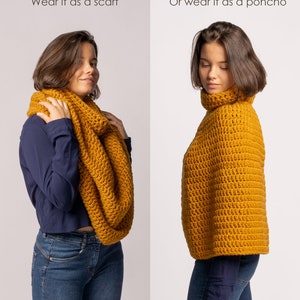 May include: Mustard yellow crochet scarf or poncho. The image shows the item worn as a scarf and as a poncho. The text in the image says "Wear it as a scarf" and "Or wear it as a poncho". The item is made of a thick, textured yarn.