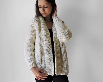 Chunky Knit Cardigan, Cable Knit Cardigan, Handknitted