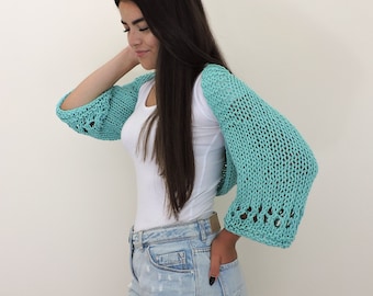 Turquoise Knit Bolero, Plus Size Knitwear, Women Short Cardigan, Cropped Knitted Top, Long Sleeve Cardigan,Short Cover Up,Summer Knit Jacket