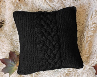 Knit pillow Cushion Hand knitted throw pillow Chunky pillow cover Black cable knit cushion case Decorative Couch Handmade Rustic home decor