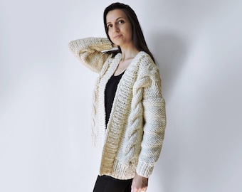 Hand Knitted Cardigan, Chunky Knit Jacket, Wool Cable Knit Bomber, Women Boho Knit Cardigan, Oversized Sweater Cardigan, Bulky Cardigan