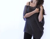 Knit loose top Black blouse Knit womens asymmetrical top Oversized shirt Off shoulder tank Summer top Short sleeve shirt Boho Open back tee