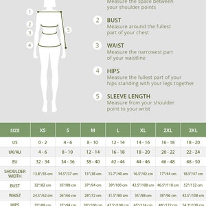 May include: Size chart for clothing with measurements in inches and centimeters. The chart includes sizes XS, S, M, L, XL, 2XL, and 3XL. Measurements are provided for shoulder width, bust, waist, hips, and sleeve length.