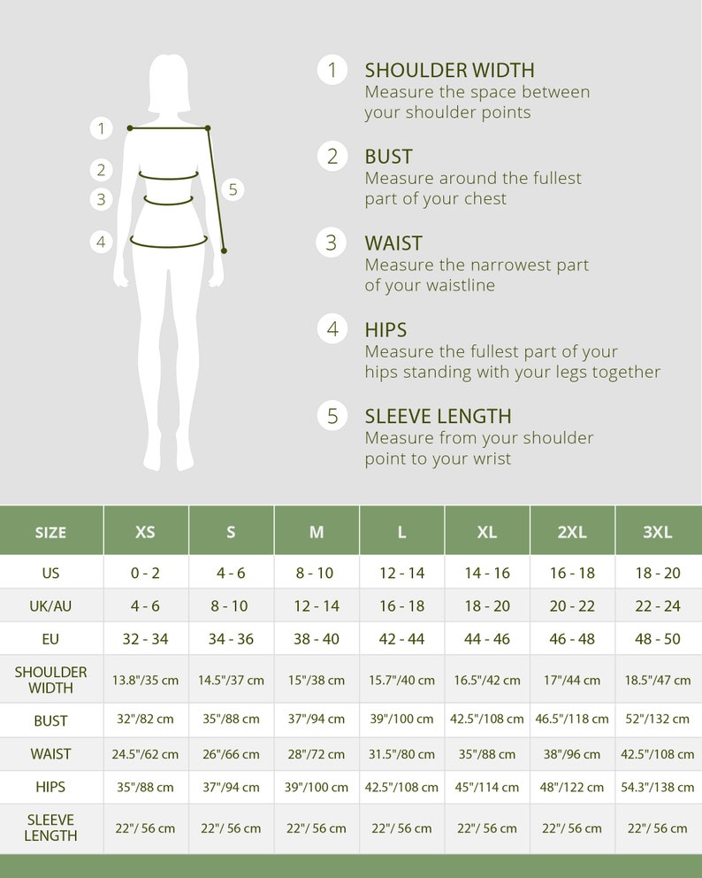 May include: Size chart for clothing with measurements in inches and centimeters. The chart includes sizes XS, S, M, L, XL, 2XL, and 3XL. Measurements are provided for shoulder width, bust, waist, hips, and sleeve length.