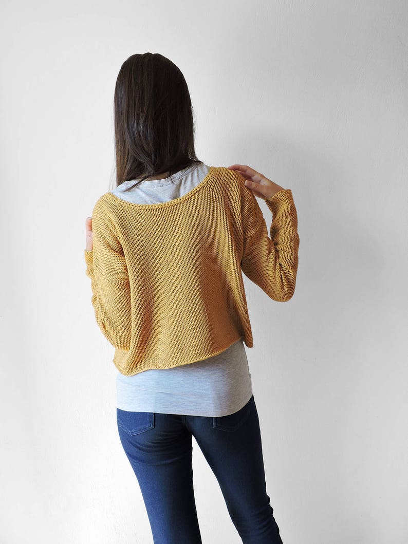 Mustard Yellow Sweater, Women Crop Cardigan, Hand Knit Sweater, Summer Cotton Cardigan, Buttons Sweater, Boho Knit Sweaters, Cozy Cardigan image 2