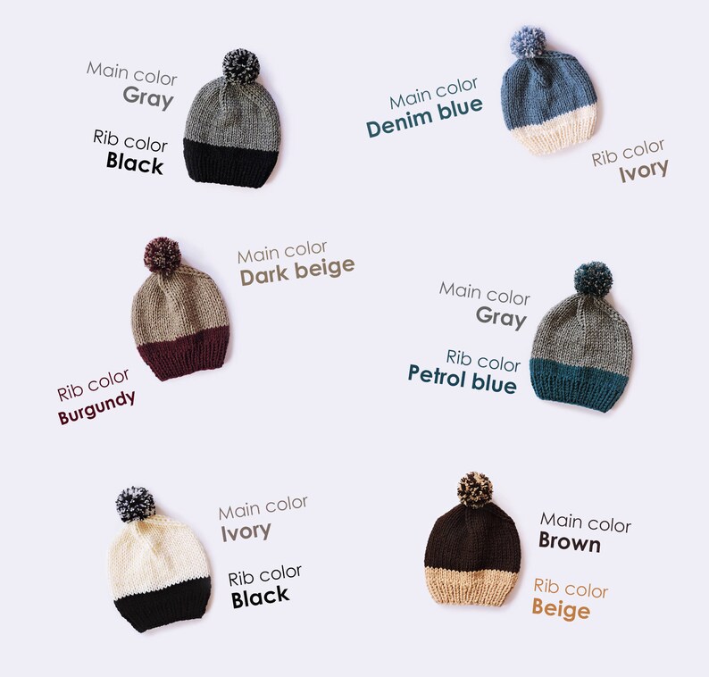 Wool slouchy beanie Hand knit beanie Unisex Men beanie with pompom Two colored Womens winter hats Bobble hat Chunky ski hat Black and white