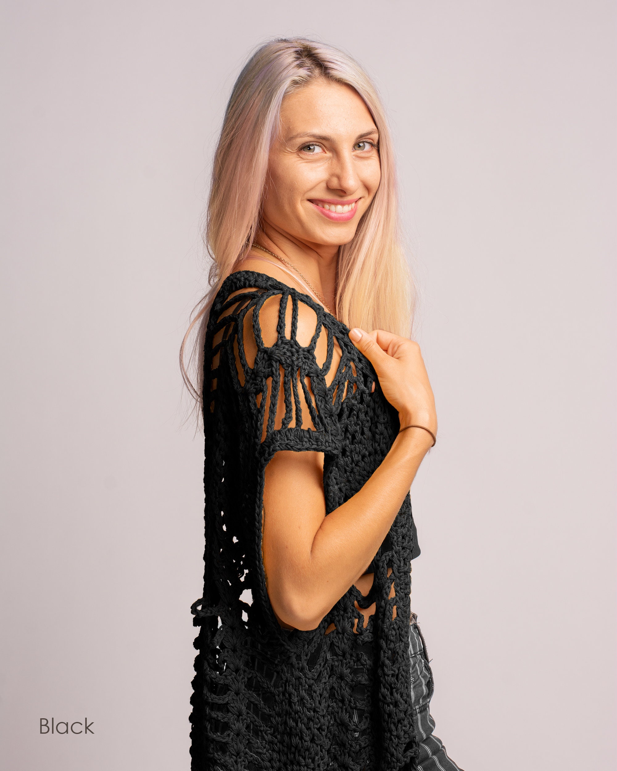 ニット・セーター IONSEOUL Crochet See Through Cardigan (3color) JE1006 iClosam Women Casual 3/4 Sleeve Sheer Open Front Kimono