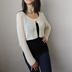 Open Cropped Cardigan, Bridal Crop Bolero, Fall Wedding Shrug, Bridal Cover Up, Hand Knitted Short Cardigan, Cotton Knit Crop Top, Plus Size image 1