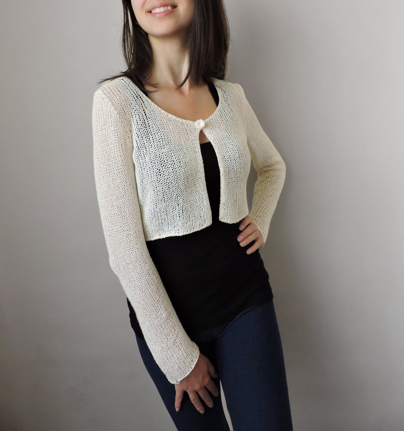 Open Cropped Cardigan, Bridal Crop Bolero, Fall Wedding Shrug, Bridal Cover Up, Hand Knitted Short Cardigan, Cotton Knit Crop Top, Plus Size image 1