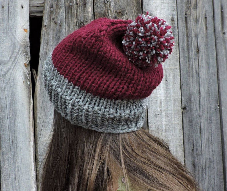 Wool slouchy beanie Hand knit beanie Unisex Men beanie with pompom Two colored Womens winter hats Bobble hat Chunky ski hat Black and white
