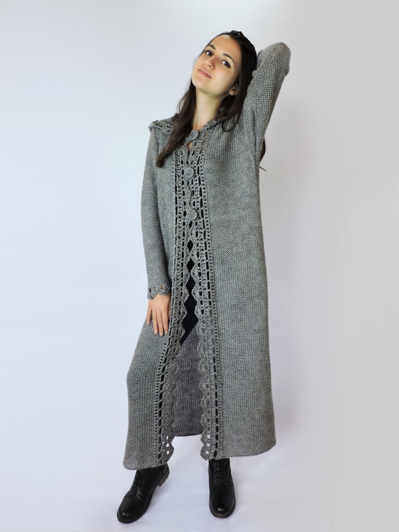 Hand knitted sweater Womens sweaters Knit jacket Cardigans Women knit coat Duster coat Grey Extra long cardigan Hooded sweater Wool sweater