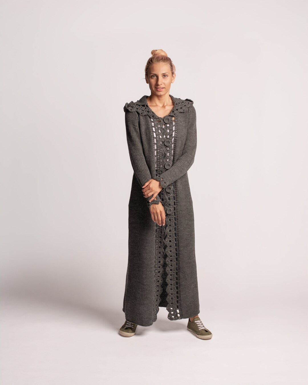 Hand Knit Hooded Cardigan, Women Maxi Cardigan, Extra Long Knit