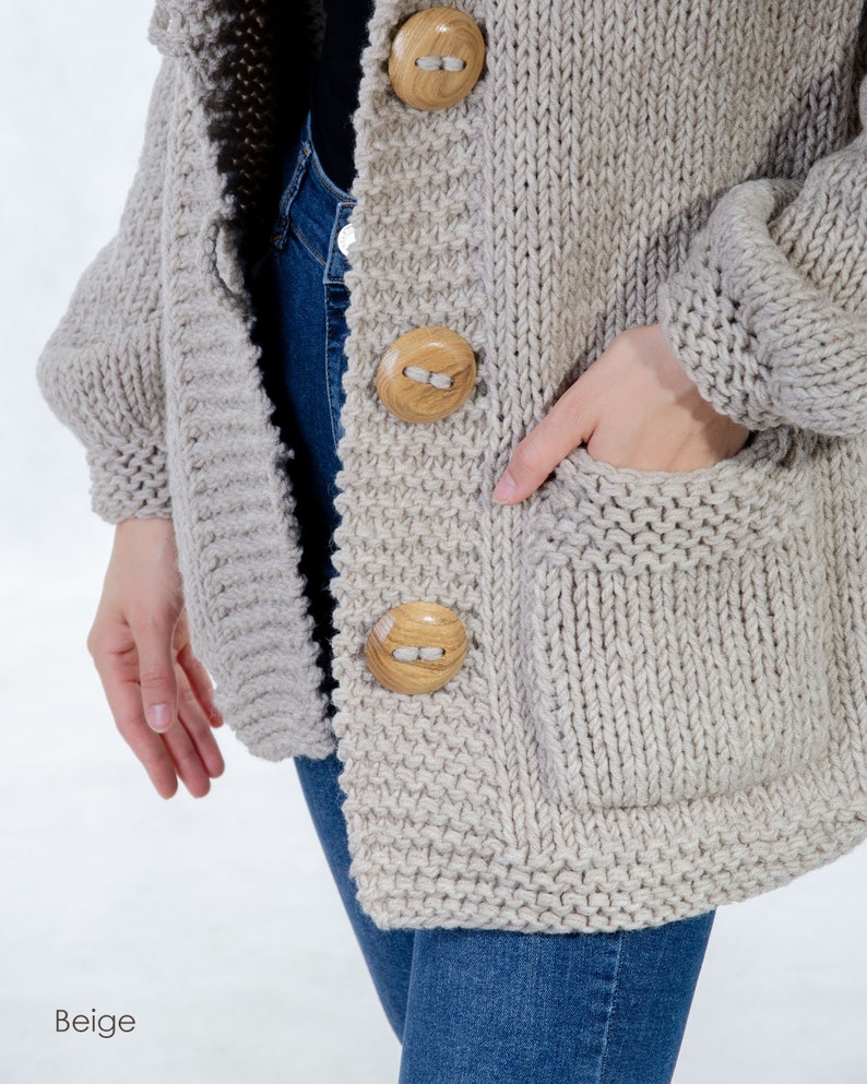 Wool Knitted Cardigan, Chunky Hooded Cardigan, Warm Winter Cardigan With Pockets, Plus Size Clothing, Cozy Knitted Cardigan, Wooden Buttons image 3