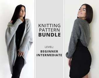 PATTERNS BUNDLE / Craft easy knit kit of patterns, Learn to knit womens sweater and cardigan, Simple plus size cardigan knit pattern, DIY