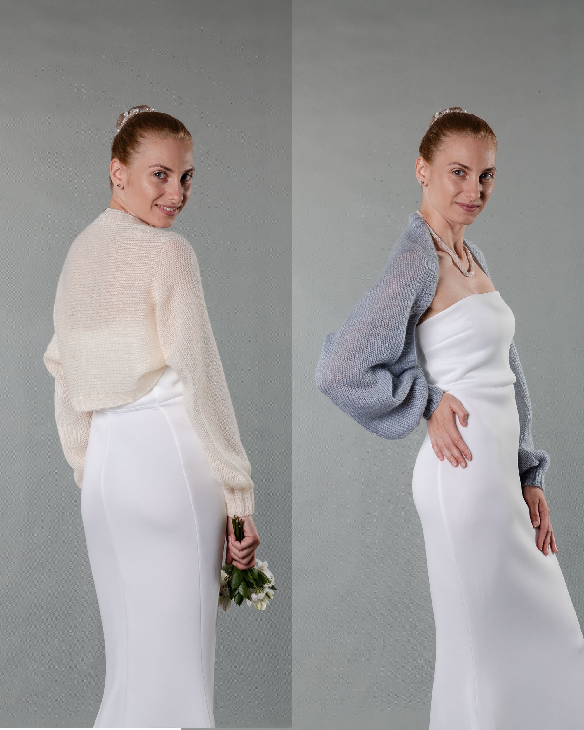 Bridal sweater cardigan made of a warm soft yarn which makes it perfect for fall and winter weddings. Evening bolero retro balloon sleeves