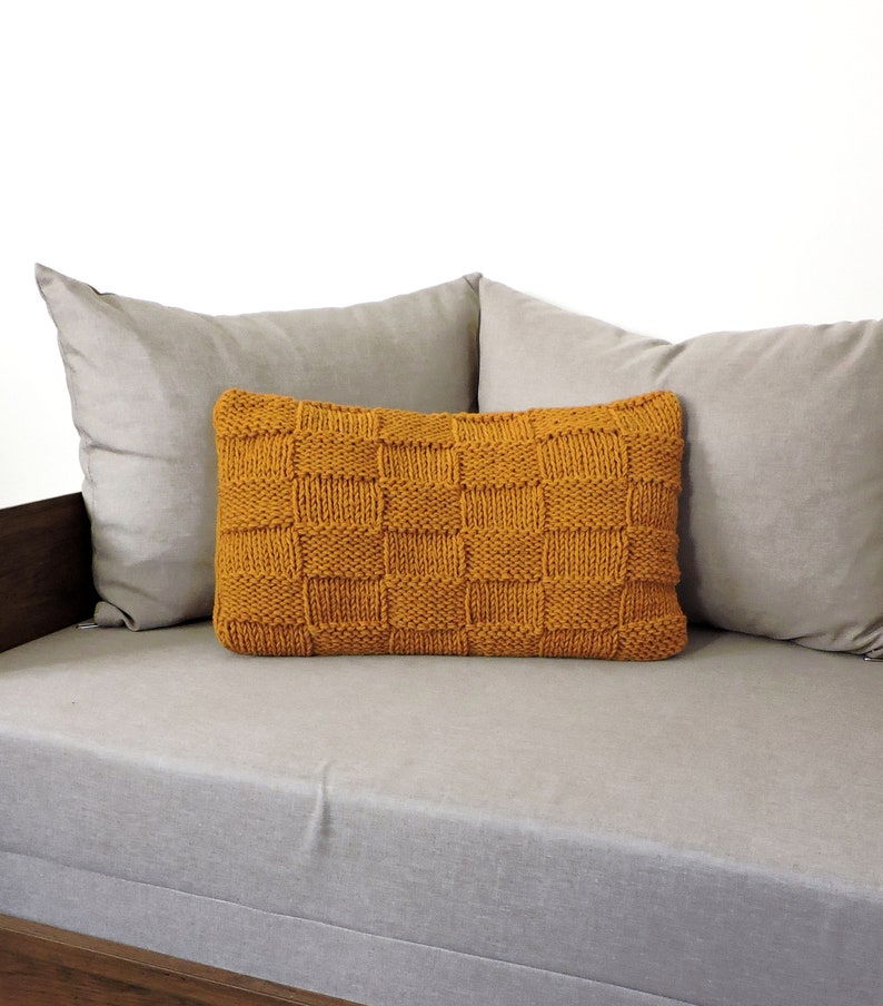 Hand Knitted Throw Pillow Case Knit Chunky Pillow Cover Ochre Etsy