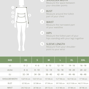 May include: A size chart for clothing with measurements in inches and centimeters. The chart shows sizes from XS to XXL and includes measurements for shoulder width, bust, waist, hips, and sleeve length.