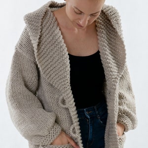 Wool Knitted Cardigan, Chunky Hooded Cardigan, Warm Winter Cardigan With Pockets, Plus Size Clothing, Cozy Knitted Cardigan, Wooden Buttons image 7