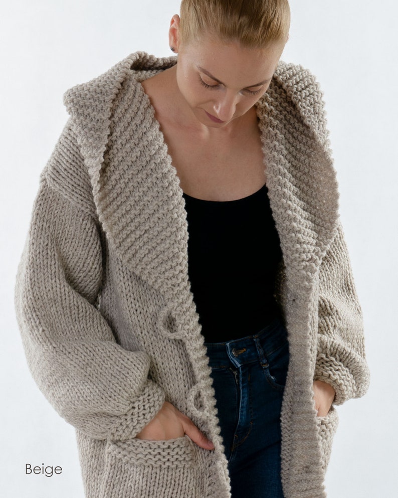 Wool Knitted Cardigan, Chunky Hooded Cardigan, Warm Winter Cardigan With Pockets, Plus Size Clothing, Cozy Knitted Cardigan, Wooden Buttons image 7