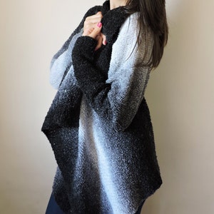 Black and white cozy knit long wool cardigan in plus size image 2