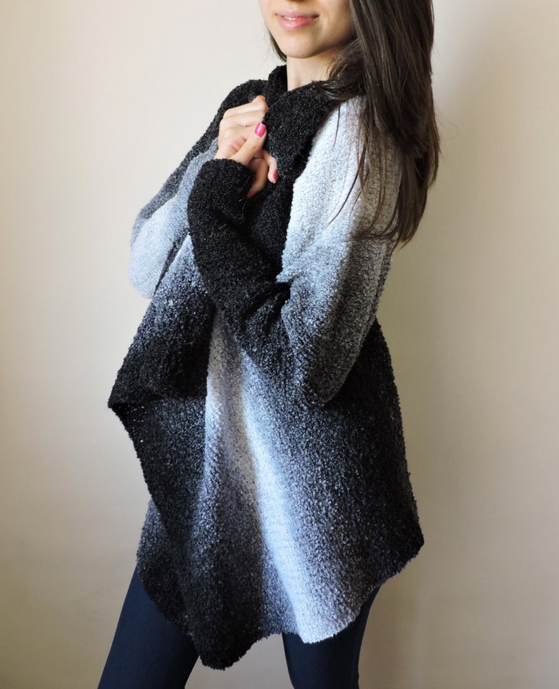 Black and white cozy knit long wool cardigan in plus size image 2