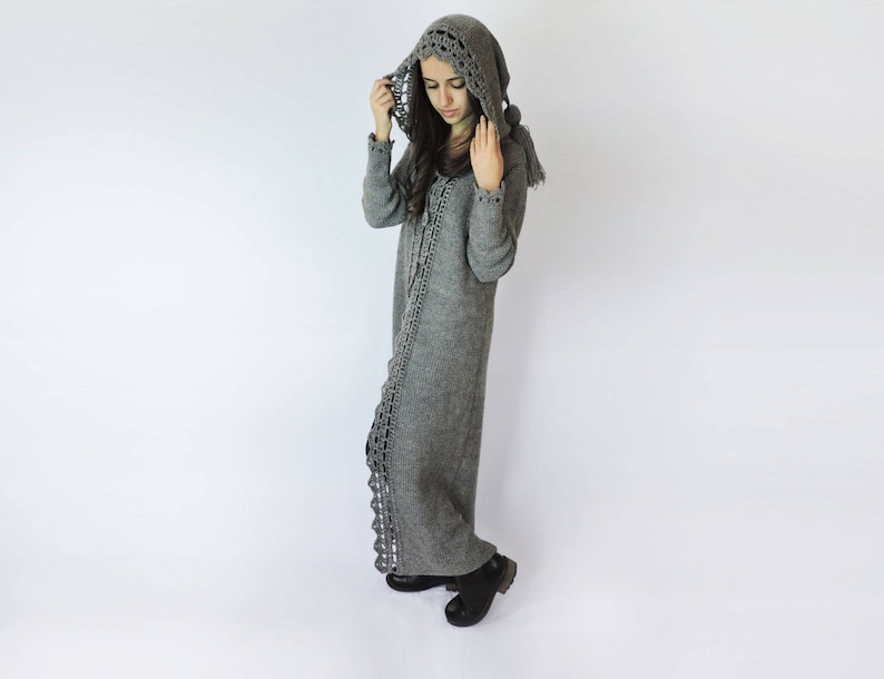 Hand knitted sweater Womens sweaters Knit jacket Cardigans Women knit coat Duster coat Grey Extra long cardigan Hooded sweater Wool sweater