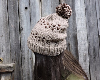 Chapeaux d'hiver pour femmes, cadeau pour elle, bonnet, bonnet en grosse maille, chapeaux en laine, crochet, bonnet en tricot main, bonnet à pompons fait main jacquard beige marron