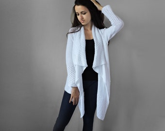 White Cotton Blend Knit Cardigan: Slouchy Boho Sweater