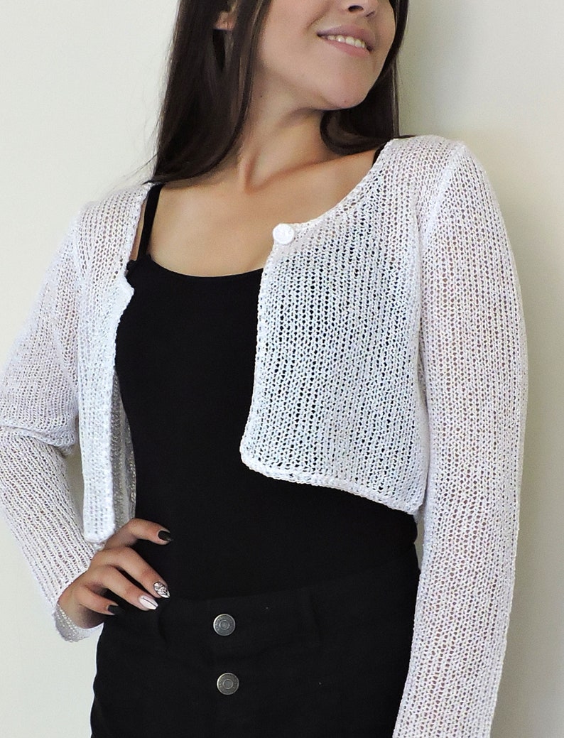 Open Cropped Cardigan, Bridal Crop Bolero, Fall Wedding Shrug, Bridal Cover Up, Hand Knitted Short Cardigan, Cotton Knit Crop Top, Plus Size image 6