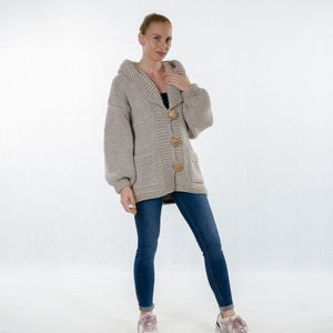 Wool Knitted Cardigan, Chunky Hooded Cardigan, Warm Winter Cardigan With Pockets, Plus Size Clothing, Cozy Knitted Cardigan, Wooden Buttons image 4